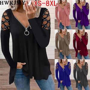 Kvinnors Fashion Casual Clothes Off Shoulder Långärmad Toppar V-Neck Zipper Tees Ladiest-Shirt Loose Plus Storlek Cotton T Shirts 8xL 220408