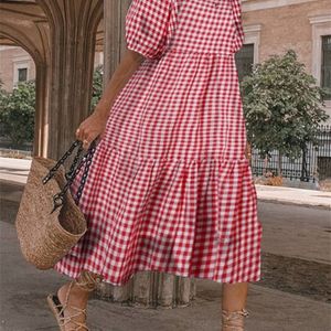 サマードレスボンダファッション女性ショートスリーブビンテージ格子縞の印刷されたサンドレスローブルーズボヘミアンプリーツミッドカルフベスティドス220527