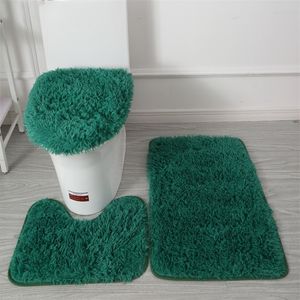 3pcs/set Solid Color Bathroom Mat Set Fluffy Hairs Bath Carpets Modern Toilet Lid Cover Rugs Kit Rectangle 50*80 50*40 45*50cm 220511