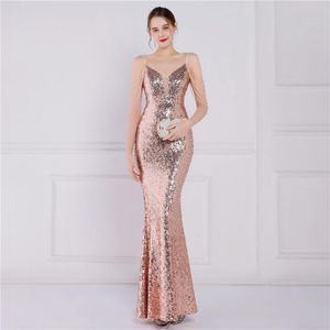 Partykleider Gold Pailletten Elegant für Frauen Spaghettiträger V-Ausschnitt Langes Kleid Abendfrau Besondere Anlässe GownParty