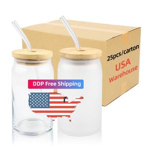 12oz 16oz 20oz 25oz Sublimation Glass Beer Mugs Glass Water Bottle Can Tumbler Drinking Glasses With Bamboo Lid And Reusable Straw Iced Coffee Tumblers