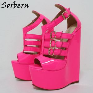 Sorbern neon heta rosa kilar sandal 20 cm hög häl plattform tjock plattformskor super smal sula