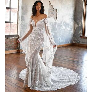 Vestido Mermaid Boho Bohemian Wedding Dresses Deep V Neck Lace Applicants Lång flare Hylsa 2022 Brudklänning Robe Mariage