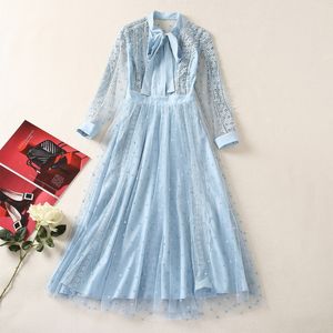 2023 Summer Blue Polka Dot Print Ribbon Tie Bow Tulle Dress Long Sleeve Round Neck Panelled Midi Casual Dresses S3W030714