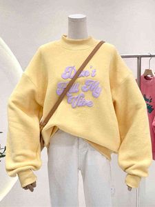 Leter baskı hoodies kadın büyük boy uzun kollu kazak sweatshirt harajuku sonbahar ve kış mürettebatı pembe üst y2k bayanlar 2021 y220803