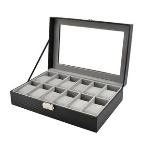 Bekijk dozen kisten slot doos stand met glazen deksel grijs fluweel houten opslag in koolstofvezel pu lederenwatch