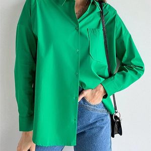 Basic Green Shirt Oversized for Women 100% Cotton Elegant Beautiful Blouses with Pocket Women's Spring Long Sleeve Tops 220513