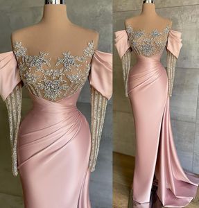 Pale Pink Mermaid Prom Dresses with Long Sleeve 2022 Plus Size Arabic Aso Ebi Luxurious Beaded Crystal Evening Second Reception Birthday Engagement Gowns