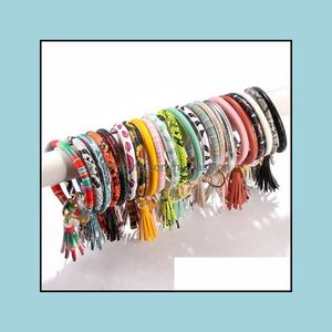 Nyckelringar smycken pu läderring kvinnor cirkel tassel armband armband nyckelringar flicka solros tryckt nyckelchain handled armband q dhc6h