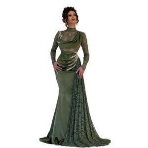 Modern Arabic Dubai Olive Green Mermaid Evening Dresses Long Sleeve High Neck Lace Satin Special Ocn Gowns Illusion Sexy Prom Dress With Peplum