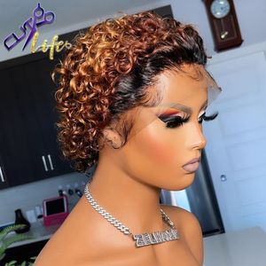 Ombre Loiro Pixie Cut Peruca Curto Bob Curly Peruca de Cabelo Humano Com Linha Fina Natural Transparente Renda Perucas Para Mulheres Pré Arrancado