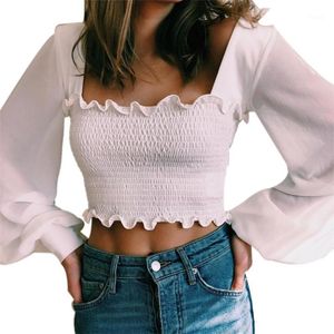 Women Solid Color T-shirt, Lantern Sleeve Boat Neck Ruffled Long Crop Top Summer Sexy Blouse Women's Blouses & Shirts