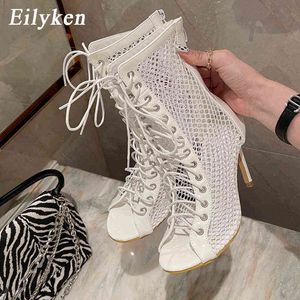 Sandálias Gladiador Eilyken Mulheres Boot Summer Peep Toe Lace Up Cross-tied High High Heel Ankle Strap Net Surface Surface Oco para fora 220317