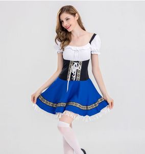 Casual Dresses Summer Bavarian Beer Skirt Bar Overalls Short-sleeved Dress German Oktoberfest Halloween Cosplay Costume Blue Long SkirtCasua