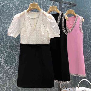 short sleeved dress with beads sequins bubble sleeves bowknot middle skirt celebrity new summer style