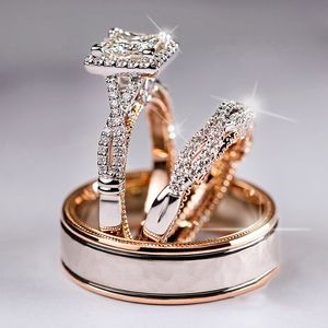 Conjuntos de alianças de casamento de zircônias de ouro rosa para ele e ela, mulheres, homens, casais, anéis AAA CZ, noivado romântico feminino