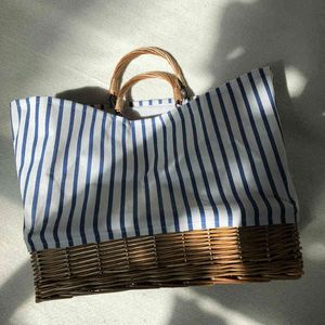 Straw women Bag Straw Woven Linen Splicing Rattan Portable Sail Cloth handBag 220516