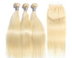 613 Honey Blonde Human Hair Straight Brazilian Hair Weave Bundles with Closure 4x4