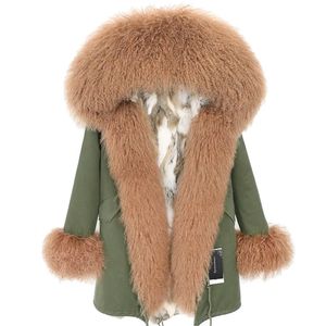 Women real bunny lined park with cotton black natural collar winter jacket woman parkas Women's fur coat 201112