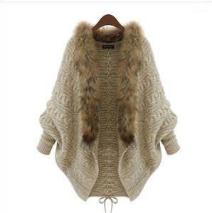 Wyprzedaż moda kobiety luźne futro kołnierz sweter 2022 jesień zima damska projekt batwing rękaw płaszcz kropla