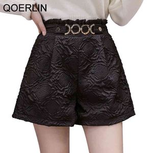 Qoerlin hög midja svart shorts chic metallspänne veckad jacquard kort byxa streetwear ficka breda benstövlar shorts plus 210412