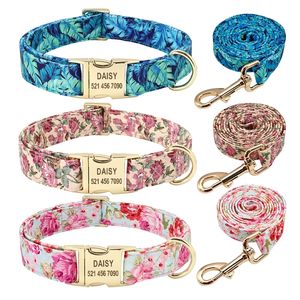 Personalized Dog Collar And Leash Set Nylon Dog Collars Floral Printed Pet Walking Leash Customized ID Tag For Medium Large Dogs 220608