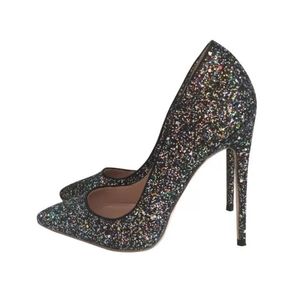 Moda scarpe da sposa glitter nere scarpe da donna con paillettes tacco alto 12 cm tacchi a spillo sexy scarpe da festa basse per donna