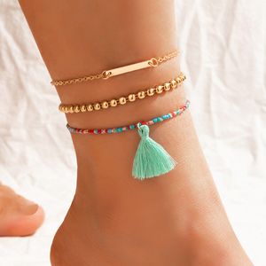 3pcs/sets Colorful Beaded Anklets for Women New Trendy Tassel Foot Chain Gold Alloy Metal Adjustable Jewelry