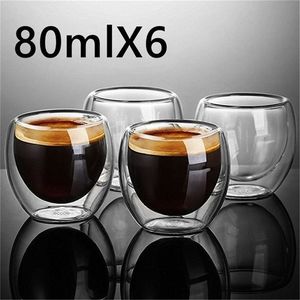 New 6Pcs 80ml 2.7oz Glass Double Walled Cup Heat Insulated Tumbler Espresso Tea Cup Coffee Mug Tazas De Ceramica Creativas 210409