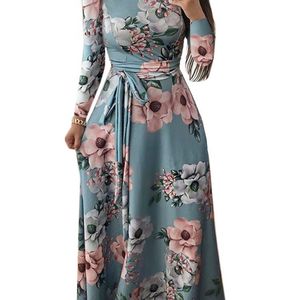 Kobiety Summer Lats Długie sukienki Casual Long Sleeve Boho Floral Print Maxi Sukienka