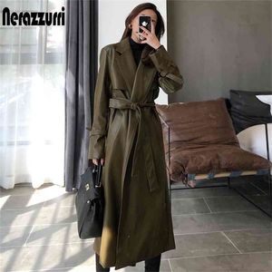 Nerazzurri Autumn long oversized leather trench coat for women long sleeve sashes Loose faux leather coats women fashion 210923