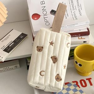 Cosmetic Bags & Cases Cute Brown Embroidery Bear Beige Makeup Cotton Canvas Women Zipper Organizer With A Wrist Strap Portable Toiletry Case