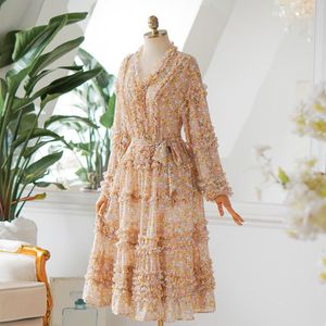 Sukienki swobodne wróżki w stylu plaży szyfonowy kwiecistą ruffy V-decka wysoka talia midi sukienka z paskiem plus bohemian elegancka francuska 2