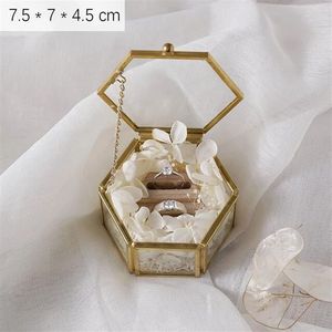 Personlig geometrisk klart glas smycken låda ringbärare lagringsarrangör Holder Wedding Decoration316J
