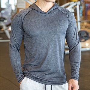 Autumn Gym Men T Shirt Casual Long Sleeve Slim ops ees elastic shirt Sports Fitness breathable Quick dry Hooded 220728