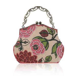 Evening Bags Women Clutch Vintage Flower Embroidery Linen Handbag Wedding Party Bridal Ladies Chain Totes ClutchesEvening