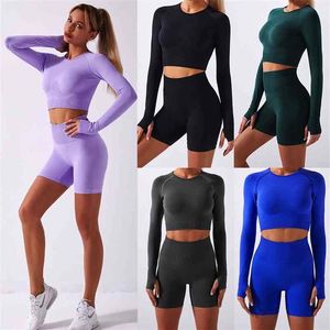 Yoga Outfits women workout High quality Designer Fashion sports Shark knitted seamless long sleeve top ladies gym suit fitness Out274i