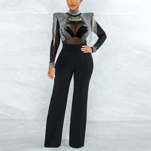 Sexy Jumpsuits Arrivals Women Transparent Diamond Tassel High Waisted Elegant Evening Night Party Club Rompers Jumpsuit 220513
