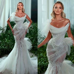 Sexy Illusion Mermaid Wedding Dresses Scoop Pleats Exposed Boning Bridal Gown Custom Made Appliques Sleeveless Women Wedding Gowns