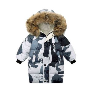 Rosyjskie zimowe dzieci maluch chłopców kamuflaż futra z kapturem długa kurtka Baby dziewczynki bawełna kurtka dla dzieci nastolatka ubrania płaszcze J220718