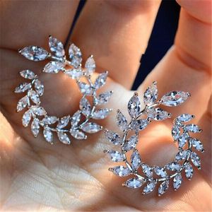 Stud Design Sparkly Olive Branch Leaf Vorm Marquise Cut Big Diamond Oorbellen voor vrouwen Fijne Silver JewelryStud