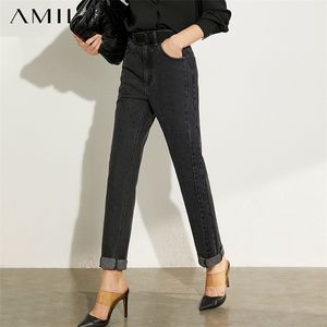 AMII minimalism Summer Autumn Fashion Women Jeans Causal Cotton Black High midja rak ankel-längd kvinnliga jeans 12040026 210302
