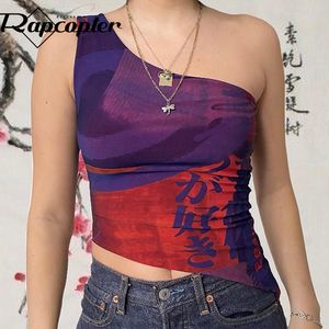 Rapcopter Printed Vintage y2k Corset Top Asymmetrical Grunge Crop Top Women Summer 90s Streetwear Chinese Style Camis Harajuku CX220331