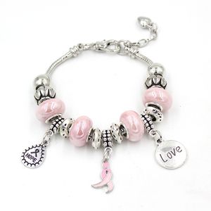 Nwe arrivo all'ingrosso bracciali cancro al seno gioielli consapevolezza perline in ceramica speranza nastro rosa amore charms braccialetto per le donne regalo