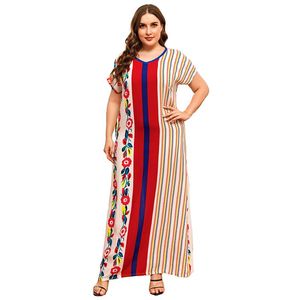 Plus Size Dresses Simple Stripe Floral Patchwork Long Ankle Dress Summer Clothes For Women 2022 Tall Female Robe Muslim Short Sleeve