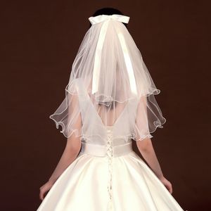 white Bridal Veils Unique Wedding Hair Accessories Bowknot Ribbon Short Tulle Cut Edge Veils