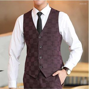 Men's Vests Men Casual Red Single Breasted Plaid No Iron Treatment Slim Fit V-neck Suit Vest Top Stra22