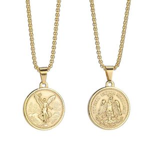 Pendant Necklaces Men Women Italy Gold Finish Round Baguette Setting Mexican Coin Centenario Mexicano Moneda 50 Pesos