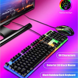 T6 USB Wired Keyboard Mouse Set Rainbow LED Backlight 104 Keys 1000 DPI Mechanical Keyboards Gaming For Laptop Computer Epacket273T