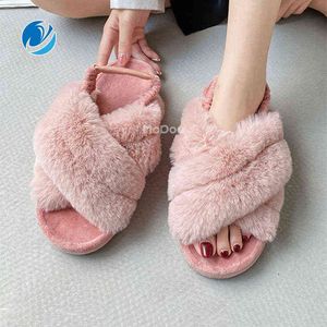 Slippers Mo Dou Spring Autumn New Fluffy Slippers Women Sweet Plush Outdoor Slippers Concise Thick Sole Cross Band Elastic Heel Luxury 220428